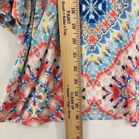 Ruby Rd. size XL Red Blue Artsy Boho Print Flare Sleeve Stretch Knit Relaxed Top - Picture 5 of 8